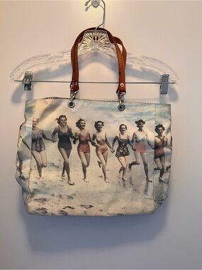 Canvas Beach Print Shoulder Tote with Brown Handles